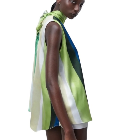 Zara Satin Striped Back Tie Bow Blogger’s Favorite Sleeveless Tunic Tank Top - M - Picture 4 of 16